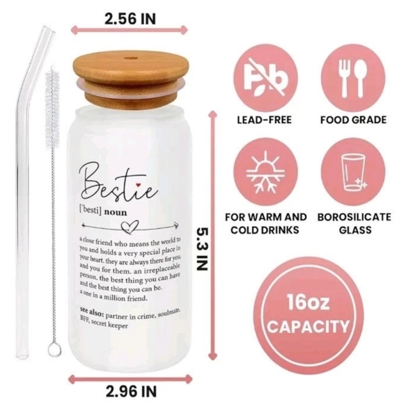 Bestie 16 Oz Glass Container Bamboo Top New In Box With 2 Glass Straws/Cleaner - Picture 2 of 4
